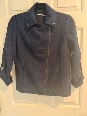 Tahari Navy Textured Moto Jacket Asymmetrical Zip Roll Tab Sleeves Medium